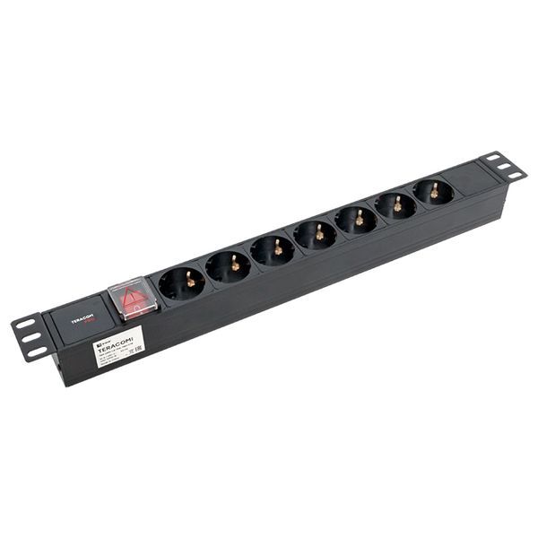 Блок PDU TERACOM PRO 19дюйм 1U 10А 250В 7-м Schuko с выкл. без шнура питания вх. разъем C14 алюм. черн. EKF TRP-HPD-LS-10A-7SH-C14