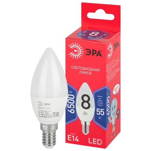 Лампа светодиодная RED LINE LED B35-8W-865-E14 R 8Вт B35 свеча 6500К нейтр. бел. E14 Эра Б0045341