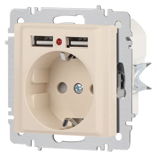 Розетка 1-м СП Accent 6-410-02 16А IP20 250В P+E Schuko + 2хUSB защ. шторки сл. кость Intro Б0063692