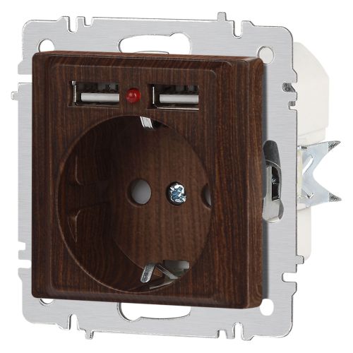 Розетка 1-м СП Accent 6-410-10 16А IP20 250В P+E Schuko + 2хUSB защ. шторки венге Intro Б0063717