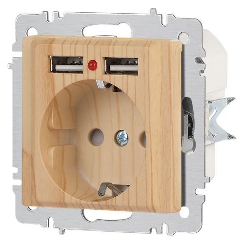 Розетка 1-м СП Accent 6-410-11 16А IP20 250В P+E Schuko + 2хUSB защ. шторки сосна Intro Б0063720