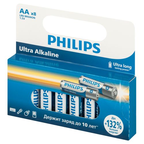 Элемент питания алкалиновый AA/LR6 1.5В Ultra (уп.8шт) LR6E8W/51 Philips Б0064633