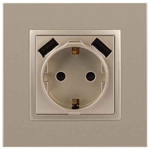 Розетка 16А 250В 2P+E с 2хUSB 5В-3А защ. шторки Elegance шампань 14-4109-04 ЭРА Б0047870