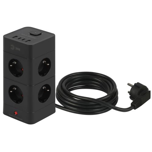 Фильтр сетевой башня 8х1.5 с заземл. 16А IP20 TWR-8es-1.5m-4USB-B с выключателем + 4хUSB A+C черн. Эра Б0069072