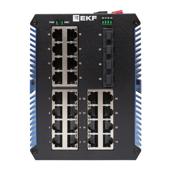 Коммутатор неуправляемый промышленный U-4GX/SFP-24GTP 4 порта 1000Base-X SFP 24 порта 10/100/1000Base-T(X) RJ45 c PoE монтаж на DIN-рейку TSX EKF TSX-U-4GX/SFP-24GTP