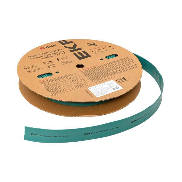 Трубка термоусадочная ТУТ нг 30/15 зел. (уп.50м) EKF tut-30-j