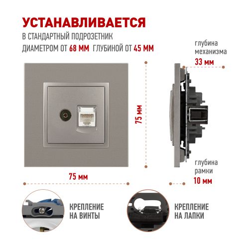 Розетка компьютерная + телевизионная Elegance 14-3110-16 RJ45+TV титан Эра Б0065768