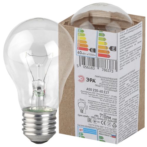 Лампа накаливания A50 60-230-E27 60Вт грушевидная Е27 230В ЭРА Б0039118