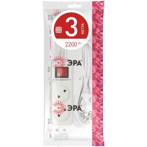 Удлинитель 2х3м без заземл. 10А IP20 U-2s-3m-2х1 ПВС 2х1 с выкл. Эра Б0044047