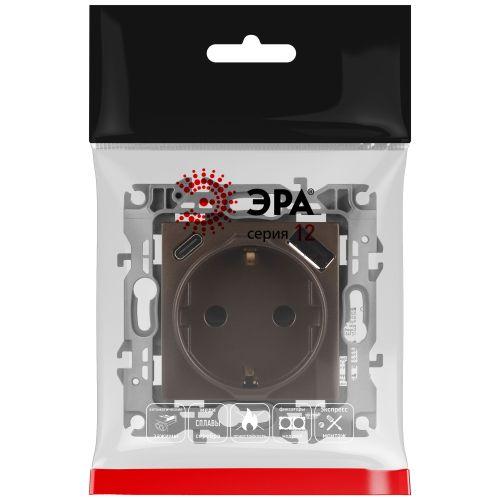Розетка Эра12 12-4108-13 16А 250В 2P+E с USB type-A+C 5В-3А защ. шторки бронза Эра Б0067757