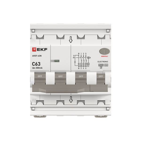 Выключатель автоматический дифференциального тока 4п (3P+N) C 63А 300мА тип A 6кА АВДТ-63N электронный PROxima EKF D63N46EA63C300