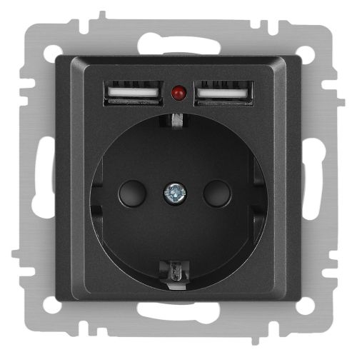 Розетка 1-м СП Accent 6-410-07 16А IP20 250В P+E Schuko + 2хUSB защ. шторки графит Intro Б0063702