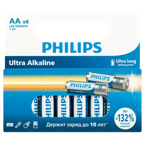 Элемент питания алкалиновый AA/LR6 1.5В Ultra (уп.8шт) LR6E8W/51 Philips Б0064633