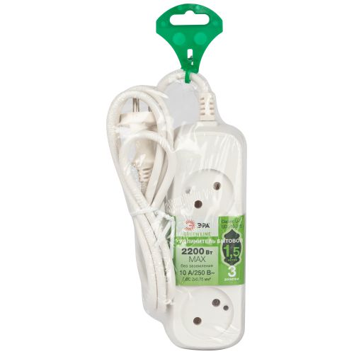 Удлинитель 3х1.5м без заземл. 10А IP20 GREEN LINE UDL-10-315 ПВС 2х0.75 Эра Б0065048