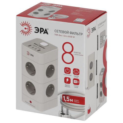Фильтр сетевой башня 8х1.5 с заземл. 16А IP20 TWR-8es-1.5m-4USB-W с выключателем с защитой + 4хUSB A+C бел. Эра Б0069071