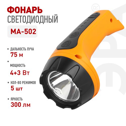 Фонарь светодиодный MA-502 ручной аккумуляторный 3Вт LED+3Вт COB 5 режимов подвес USB type C Эра Б0071399