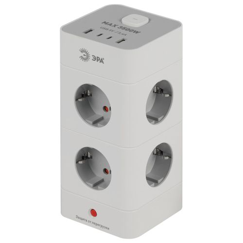 Фильтр сетевой башня 8х1.5 с заземл. 16А IP20 TWR-8es-1.5m-4USB-W с выключателем с защитой + 4хUSB A+C бел. Эра Б0069071
