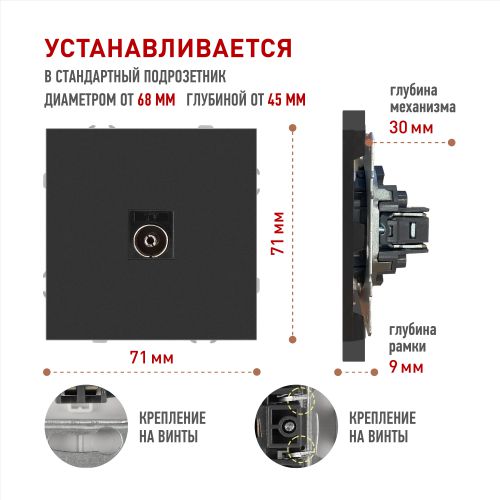 Розетка телевизионная одиночная TV 1вых. СП Galaxy 16А IP20 250В антрацит 15-3101-05 Эра Б0070723