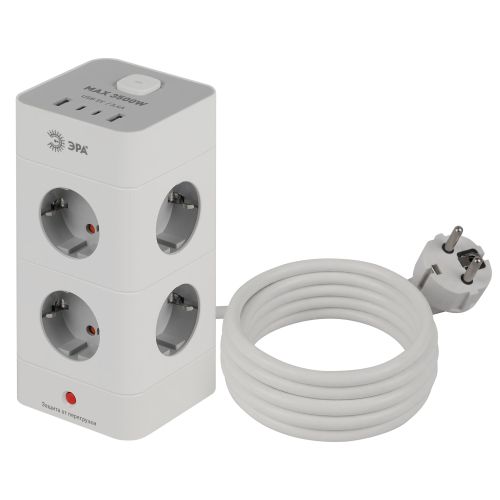 Фильтр сетевой башня 8х1.5 с заземл. 16А IP20 TWR-8es-1.5m-4USB-W с выключателем с защитой + 4хUSB A+C бел. Эра Б0069071