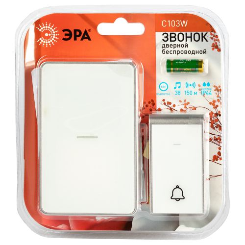 Звонок дверной C103W беспроводной LED подсветка IP44 150м 38 мелодий бел. U16B-N12 white Era Эра Б0072157
