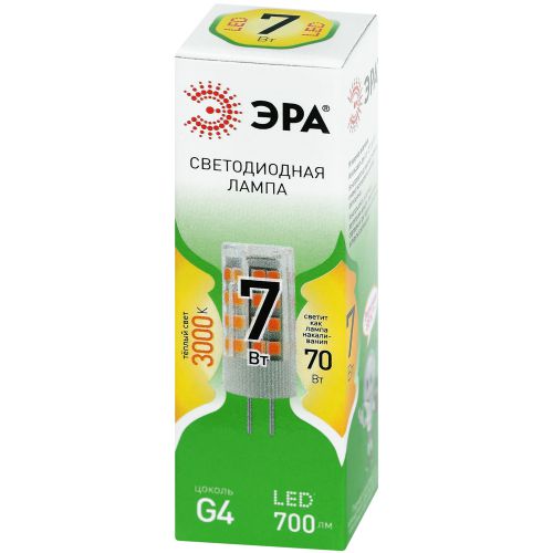 Лампа светодиодная GREEN LINE LED G4-JC-7W-830-12V GL 7Вт капсульная прозрачная 3000К тепл. бел. свет G4 12В Эра Б0067181