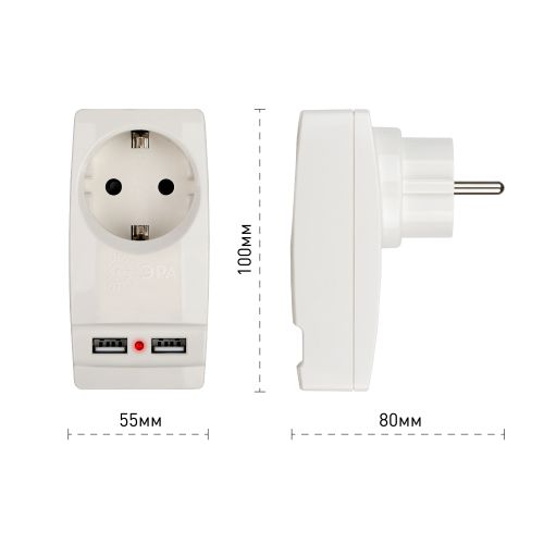 Адаптер 1-м с заземл. Polynom SP-1e-USB-W 220В 2хUSB 2100мА бел. Эра Б0026332