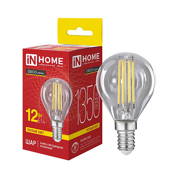 Лампа светодиодная LED-ШАР-deco 12Вт шар прозрачная 3000К E14 1350лм 230В IN HOME 4690612063331