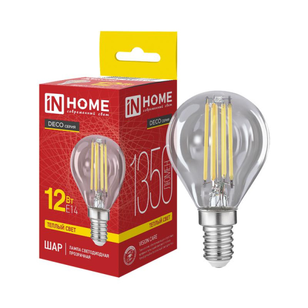 Лампа светодиодная LED-ШАР-deco 12Вт шар прозрачная 3000К E14 1350лм 230В IN HOME 4690612063331
