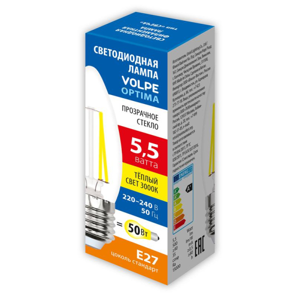 Лампа светодиодная LED-C35-5.5W/3000K/E27/CL/SLF 5.5Вт свеча прозрачная 3000К тепл. бел. E27 Volpe UL-00008463