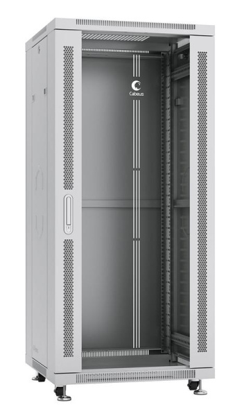 Шкаф монтажный телекоммуникационный напольный SH-05C-27U60/80 19дюйм для распред. и серверн. оборудования 18U 600х600х988мм передн. стеклян. и задн. сплошн. метал. двери 27U 600х800х1388мм ручка с замком сер. (RAL 7035) Cabeus 7050c