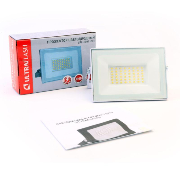 Прожектор LFL-5001 C01 (LED SMD 50Вт 230В 6500К) бел. Ultraflash 14130