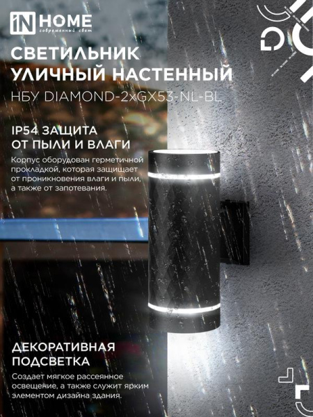 Светильник НБУ DIAMOND-2хGX53-NL-BL IP65 уличный настен. двусторон. под лампу 2хGX53 алюм. черн. IN HOME 4690612051635