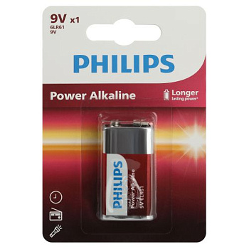 Элемент питания алкалиновый "крона" 6LR61 9В Power (блист.1шт) 6LR61P1B/51 Philips Б0062717