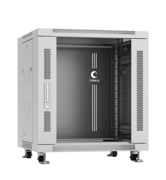 Шкаф монтажный телекоммуникационный напольный SH-05C-12U60/80 19дюйм для распред. и серверн. оборудования 12U 600х800х730мм передн. стеклян. и задн. сплошн. метал. двери ручка с замком сер. (RAL 7035) Cabeus 7646c