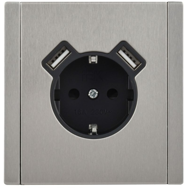Розетка 1-м СП FORTE&PIANO FP745M 16А IP20 USB A+A 3.1А с заземл. защ. шторки винтовое крепление никель IEK FP-R14-16-U21-D31-M-K50