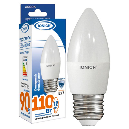 Лампа светодиодная C37 12Вт свеча 6500К E27 230В IONICH 1909