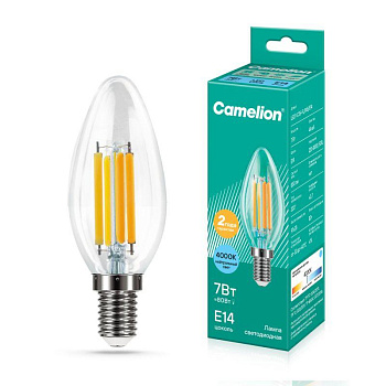 Лампа светодиодная филаментная LED7-C35-FL/845/E14 7Вт свеча прозрачная 4500К бел. E14 220В Camelion 13453
