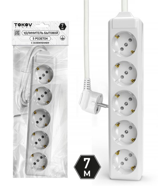 Удлинитель 5х7м с заземл. 10А 3х1.5 TOKOV ELECTRIC TKL-C01-BU5-7-1.5-Z