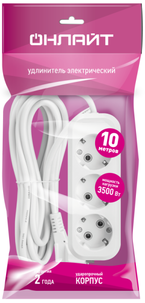 Удлинитель 3х10м с заземл. 16А IP20 90520 OPE-S-03-1000-Е-3х1 ОНЛАЙТ 90520