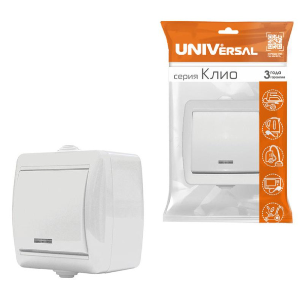 Выключатель 1-кл. ОП Клио с подсветкой 10А IP44 бел. UNIVersal К2225