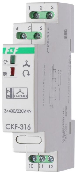 Реле контроля наличия и чередования фаз CKF-316 (монтаж на DIN-рейке 35мм 3х400/230+N 8А 1P IP20) F&F EA04.002.005