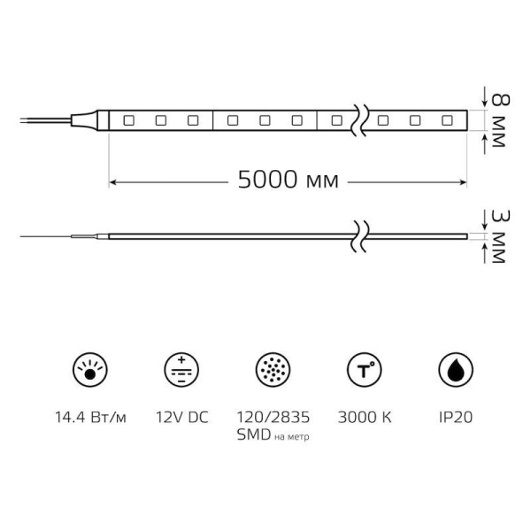 Лента светодиодная Basic 2835/120-SMD 14.4Вт/м 3000К тепл. бел. IP20 1400лм/м 12В 8мм драйвер (уп.5м) GAUSS BT085