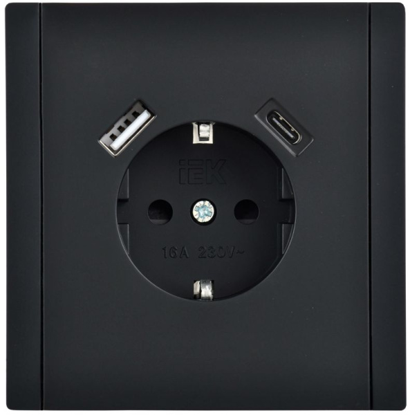 Розетка FORTE&PIANO FP147 16А USB A+C 18Вт с заземл. защ. шторки винт. крепл. черн. IEK FP-R14-16-U22-018-K02