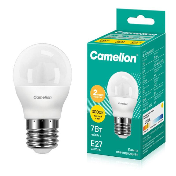 Лампа светодиодная LED7-G45/830/E27 7Вт шар матовая 3000К тепл. бел. E27 580лм 220В Camelion 12070