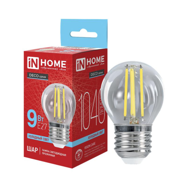 Лампа светодиодная LED-ШАР-deco 9Вт шар прозрачная 6500К E27 1040лм 230В IN HOME 4690612067049