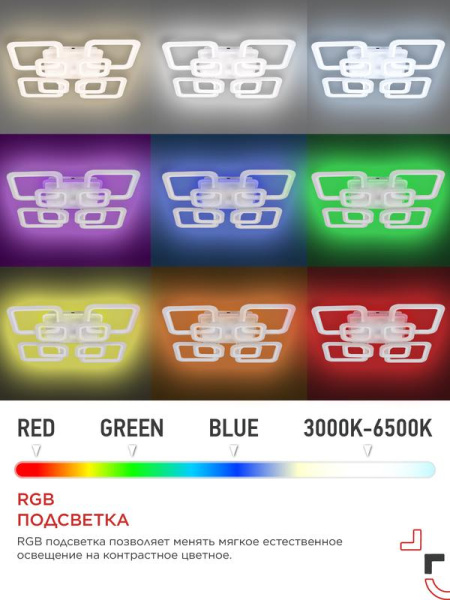 Светильник светодиодный ELEGANT ARIS-125RGB-SMART-WH 125Вт 3000-6500К 8800лм 230В 585х585х115мм ПУ бел. IN HOME 4690612051307