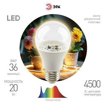 Лампа светодиодная FITO-20W-Ra90-E27 20Вт грушевидная прозрачная полного спектра E27 220-240В для растений Эра Б0069711