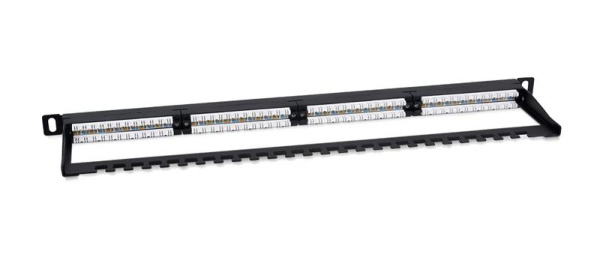 Патч-панель 19дюйм 0.5U 24 порта RJ45 кат.5E Dual IDC PLHD-24-Cat.5e-Dual-180-0.5U 180град. высокой плотн. с задн. кабельн. организатором Cabeus 9663c