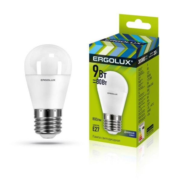 Лампа светодиодная LED-G45-9W-E27-6К 9Вт шар матовая 6500К холод. бел. E27 220-240В Ergolux 13178