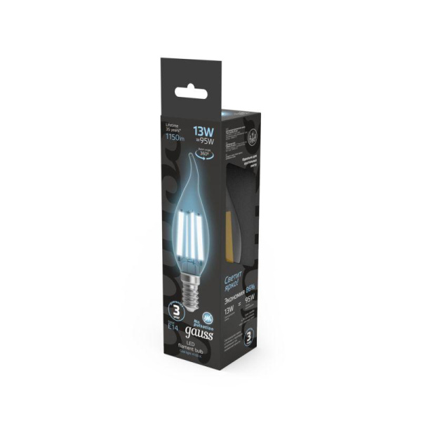 Лампа светодиодная филаментная Black Filament 13Вт свеча на ветру 4100К нейтр. бел. E14 1150лм GAUSS 104801213